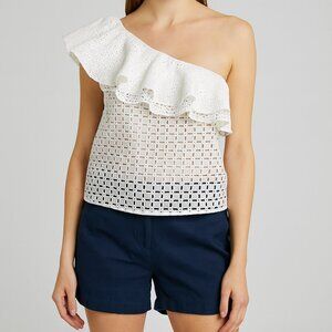 J. Crew One Shoulder Ruffled Eyelet Blouse Neutral Coastal Preppy Cotton Resort
